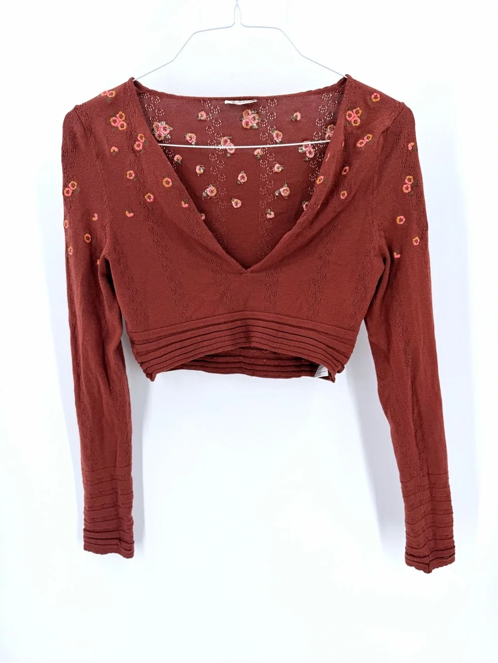 Intimately Free People Eyelet Floral Embroidery Knit Long Sleeve Crop Top